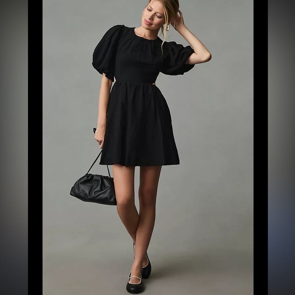 Moon River Black Puff Sleeve Open Back Mini Dress from Anthropologie Size Large